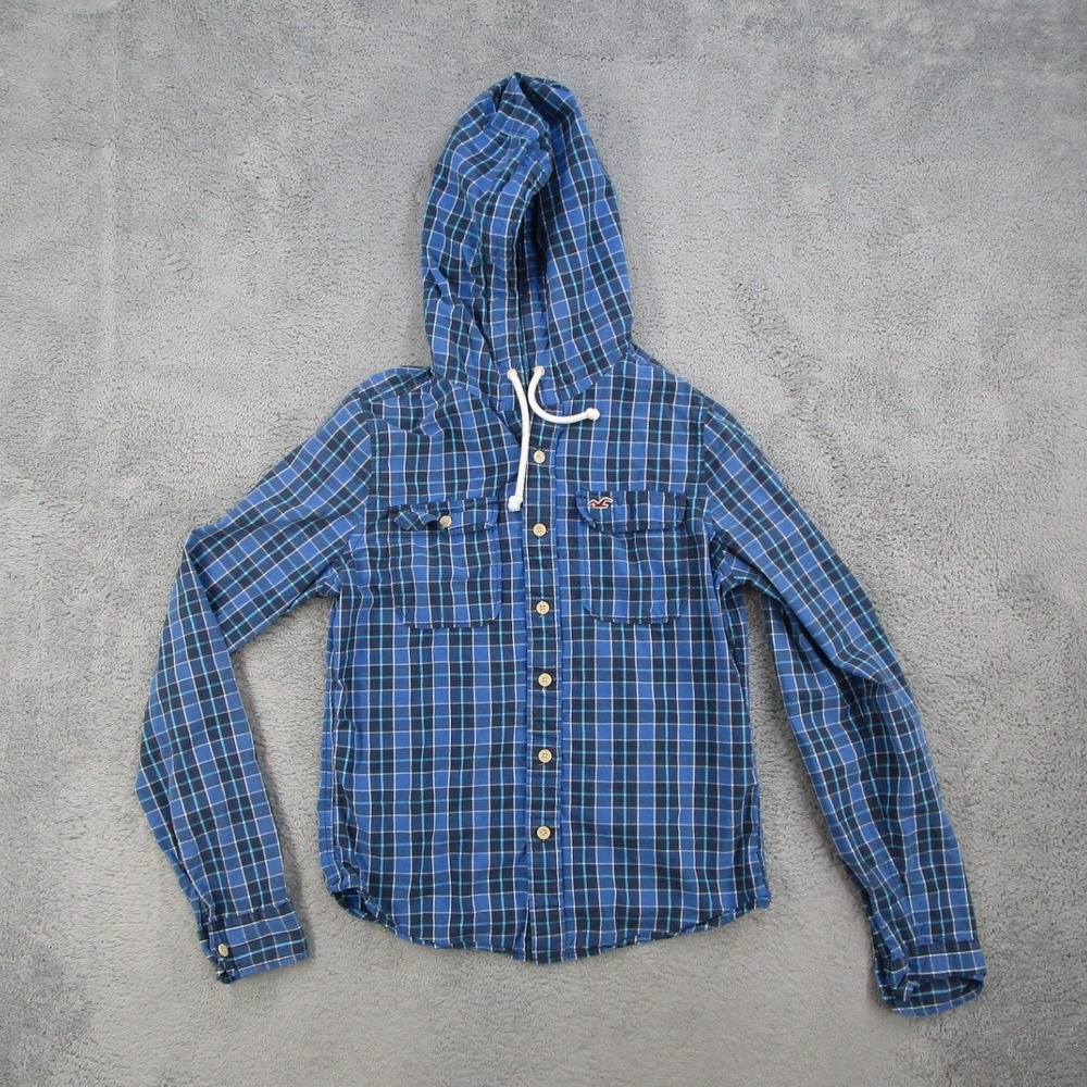 Hollister Hooded Plaid Shirt Mens Large Blue Long Sleeve Cotton Button Down